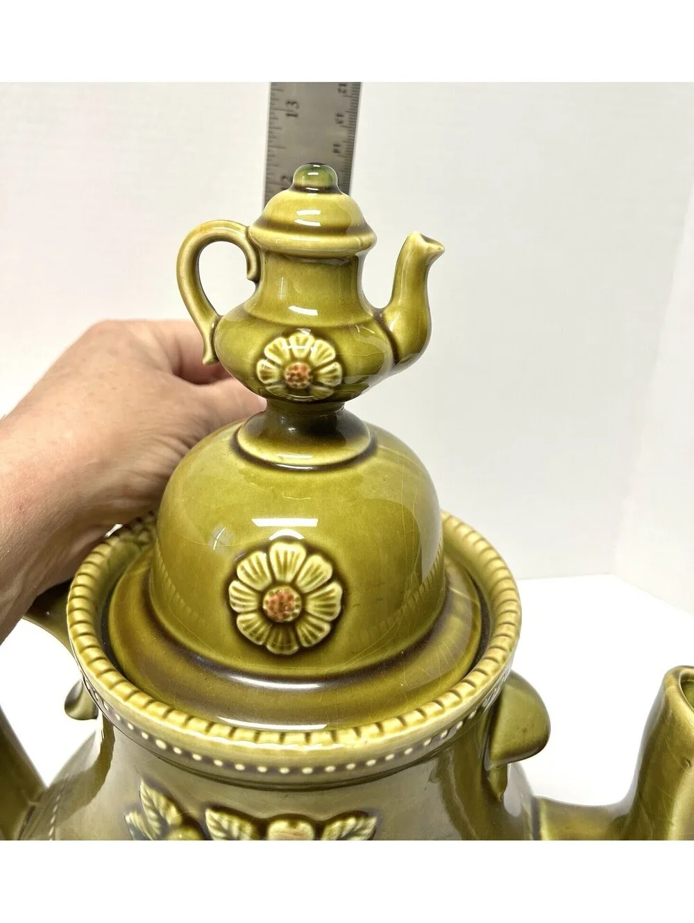 Vintage Apco Japan 60's Retro MCM Teapot Cookie Jar Canister Olive Green